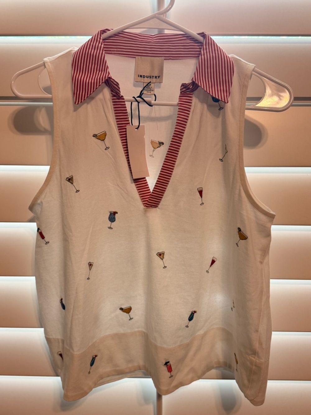 Industry White & Red Sleeveless Collared Tank with Cocktail Embroidery